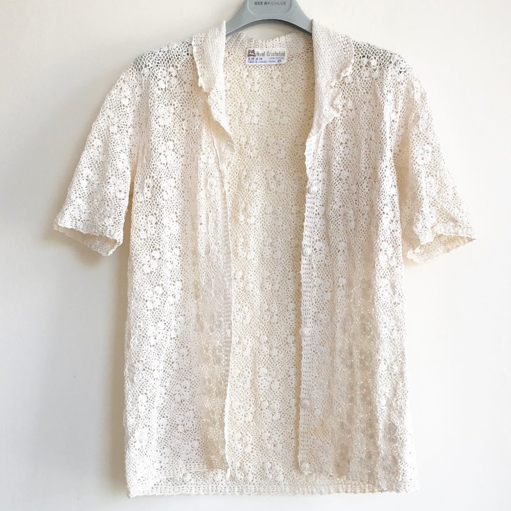 Vintage 1970s Cream Crochet Top Boho Handmade Short Sleeve Soft Knit Blouse EUC